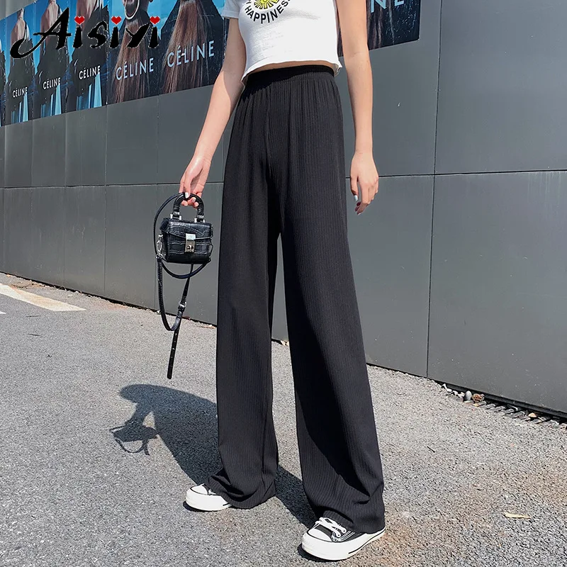 Высокое качество 2022 шелк льда Женские Брюки Высокая талия полная длина свободные