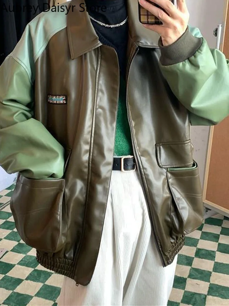 Korean Fashion Leather Jacket Women Winter Streetwear Warm Biker Zipper Jacket Vintage Chic Patchwork Loose Harajuku Coat 2022