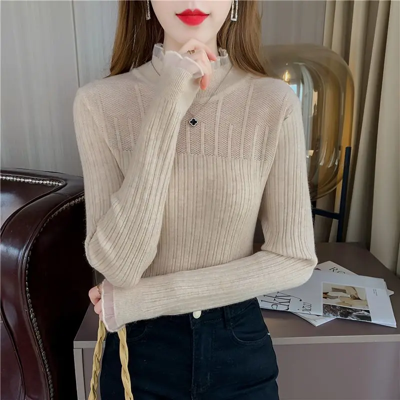 

2022 Autumn New Sweet Bottoming Shirt Women Half Height Collar Slim Solid Color Lace Hollow Out Popularity All-match Sweater