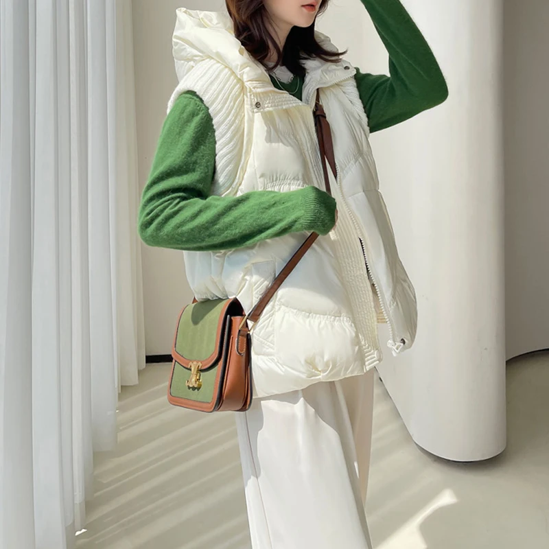 Streetwear Women Autumn Winter Sleeveless vest 2022 Solid Hooded white duck down coat Waistcoat Female clothes Brown INKEO 2O156