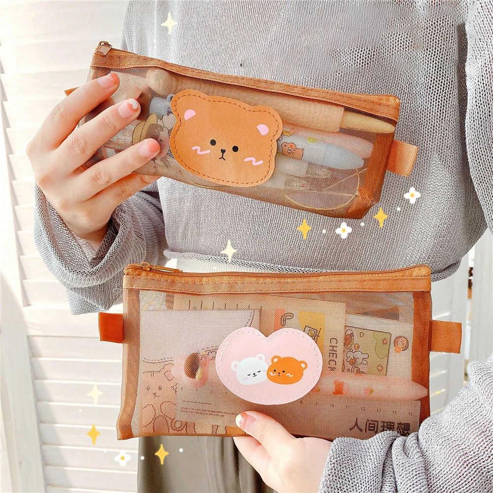 

Kawaii Bear Transparent Mesh Pencil Case Cute Pen Bag Portable Makeup Storage Bag Storage Pouch Korean School Stationery