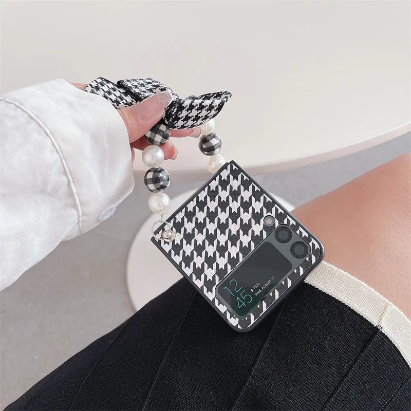 

Luxury Houndstooth Bowknot Pearls Phone Case for Samsung Galaxy Z Flip 3 PU Leather Back Cover for ZFlip3 Cases Protective Shell