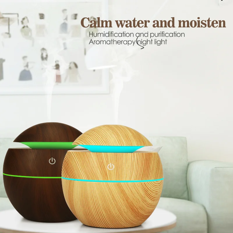 

130ml Mini Mushroom Humidifier Ultrasonic Aromatherapy Machine Colorful Household Humidifier Round Wood Grain USB Humidifier