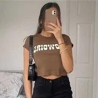 vintage letter print sexy crop tops women casual short sleeve cotton pullover tees summer slim streetwear t shirt woman 2022
