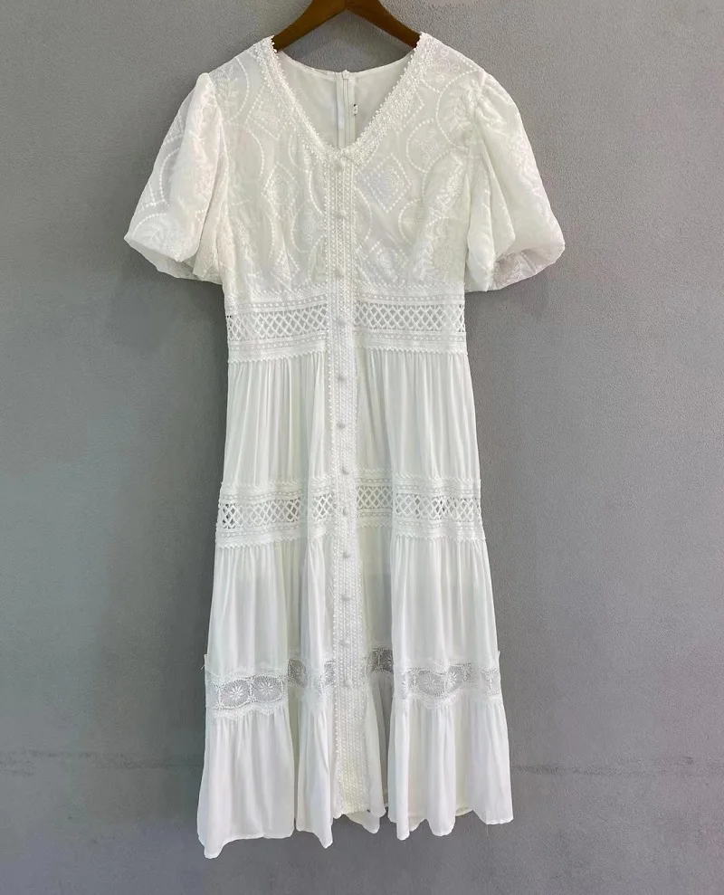 2022 Summer Fashion White Pink Dress High Quality Ladies V-Neck Hollow Out Embroidery Short Sleeve Slim Fit A-Line Dress Boho
