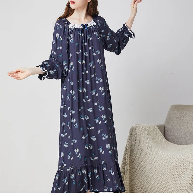 

Long Sleeve Spring Autumn Nightdress Women Loose Big Size Cotton Nightgowns Print Fat MM Homewear Clothes Ladie's Night Dress
