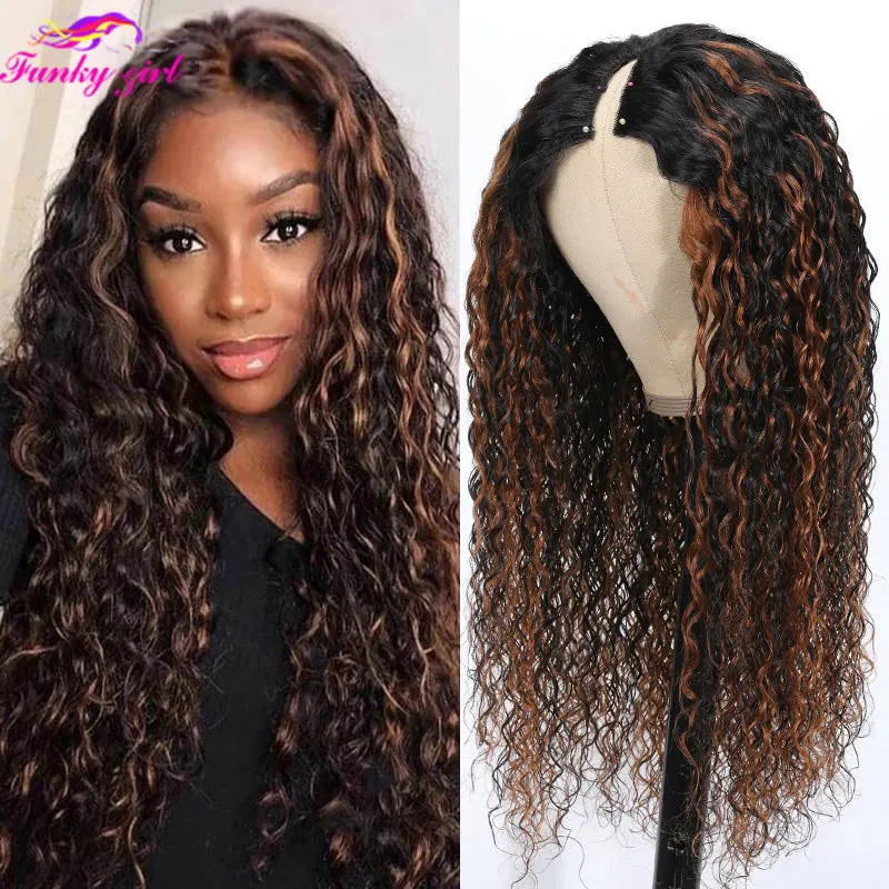 Highlight Wig Water Wave Human Hair Wigs V Part Wig Curly Human Hair For Women Brazilian Virgin Hair Glueless Machine Made Wig