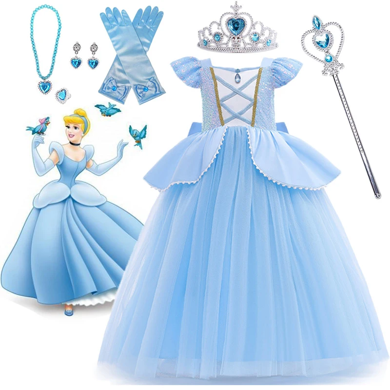 Disney Cinderella Cosplay Costume Kids Birthday Party Ball Gown Girls Lace Sequins Princess Skirt Halloween Performance Clothing
