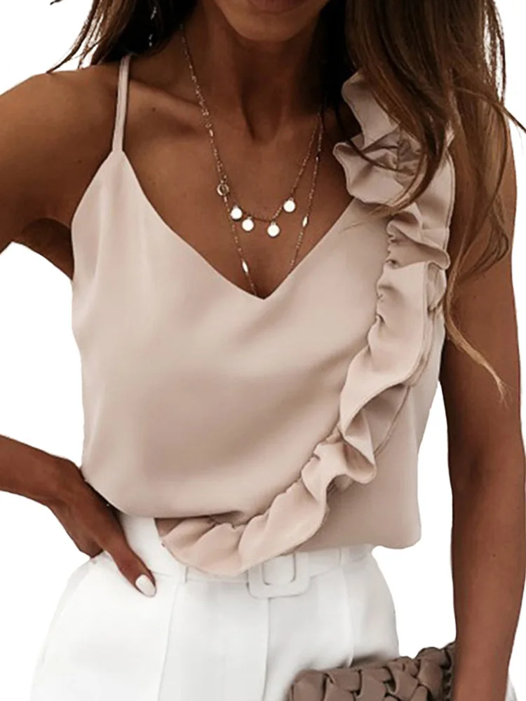 

Women Summer Blouse Shirts Sexy V Neck Ruffle Blouses Backless Spaghetti Strap Office Ladies Sleeveless Casual Tops