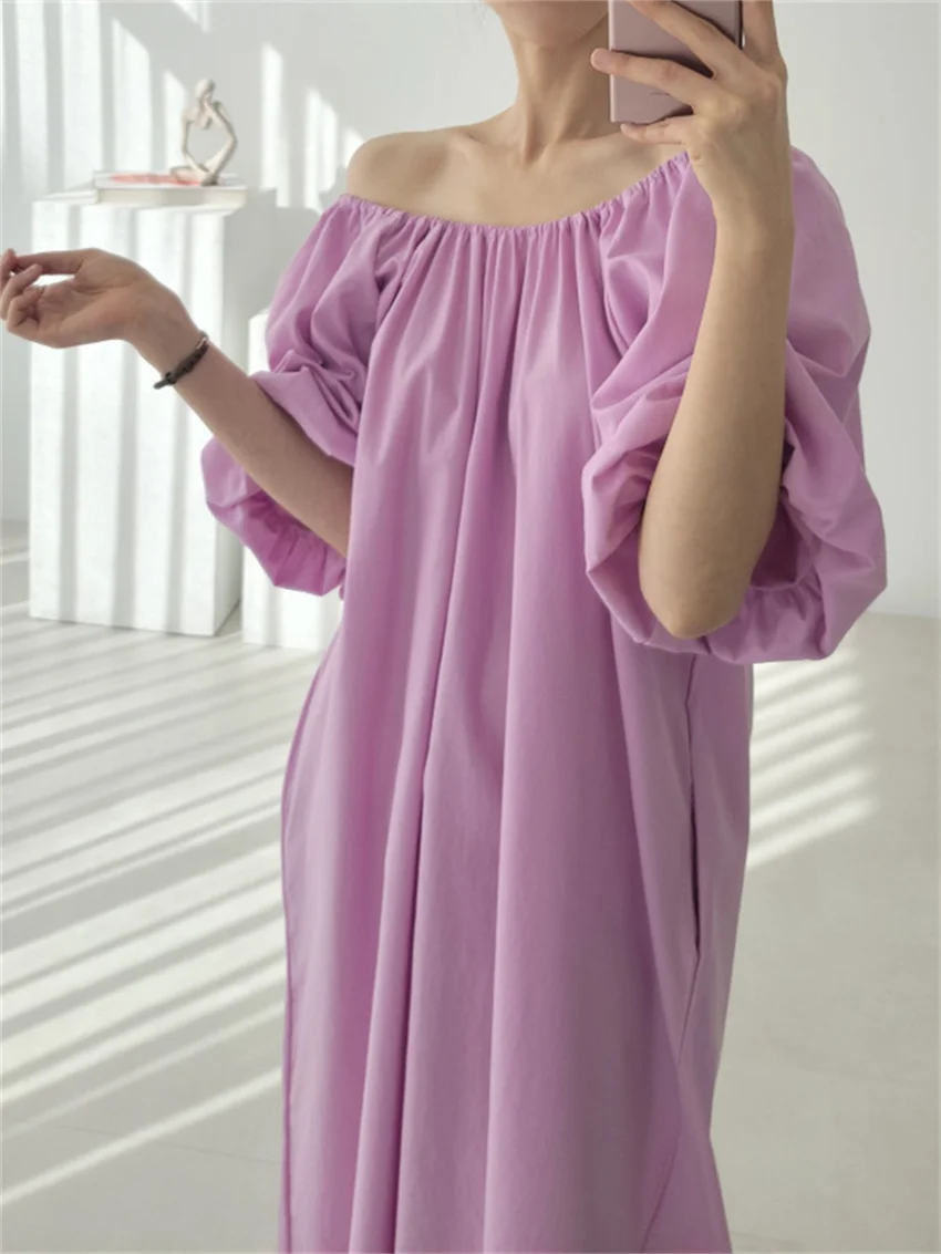 

Шикарное женское платье HziriP с рукавами-фонариками, ленивое Стильное однотонное летнее Новое прямое свободное Стильное повседневное универ...