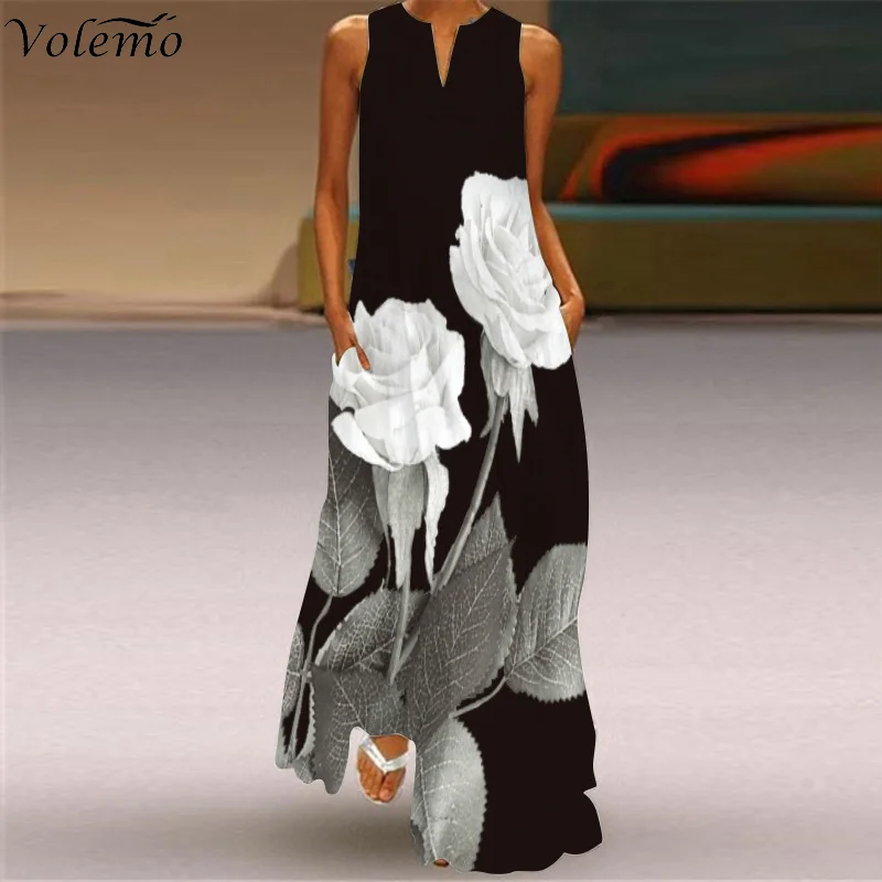 

Volemo Flowers Butterfly Printed Black Dress 2022 Elegant Vintage Dresses Woman Summer Beach Sleeveless Girls Long Dress Women