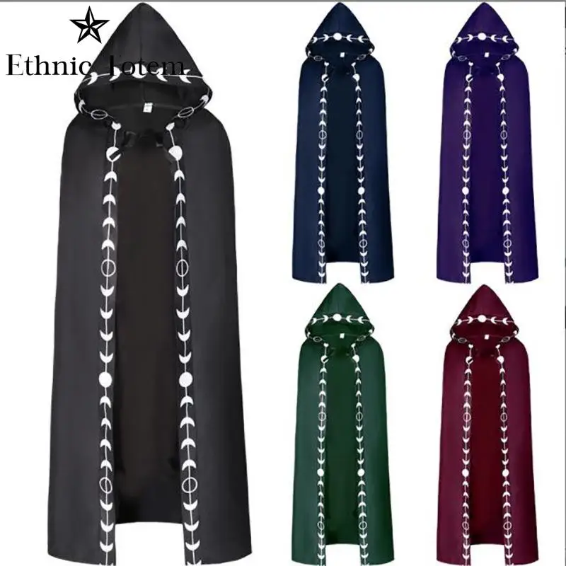 

Adult 5 Colors Halloween Hooded Moon Print Unisex Cloak Medieval Long Lace Up Witch Wicca Cosplay Moon Embroidery Maxi Cape