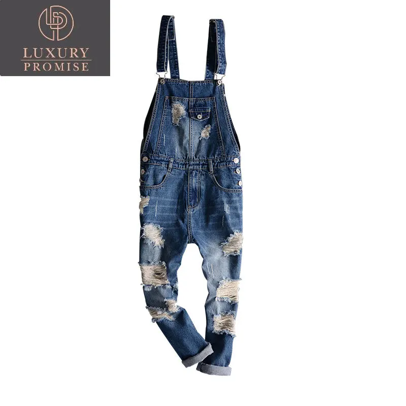 

Fashion Ripped Overalls Men Bib Jeans Jumpsuit Hip Hop Streetwear Distressed Denim Suspender Pants Ankle Length Blue Trousers