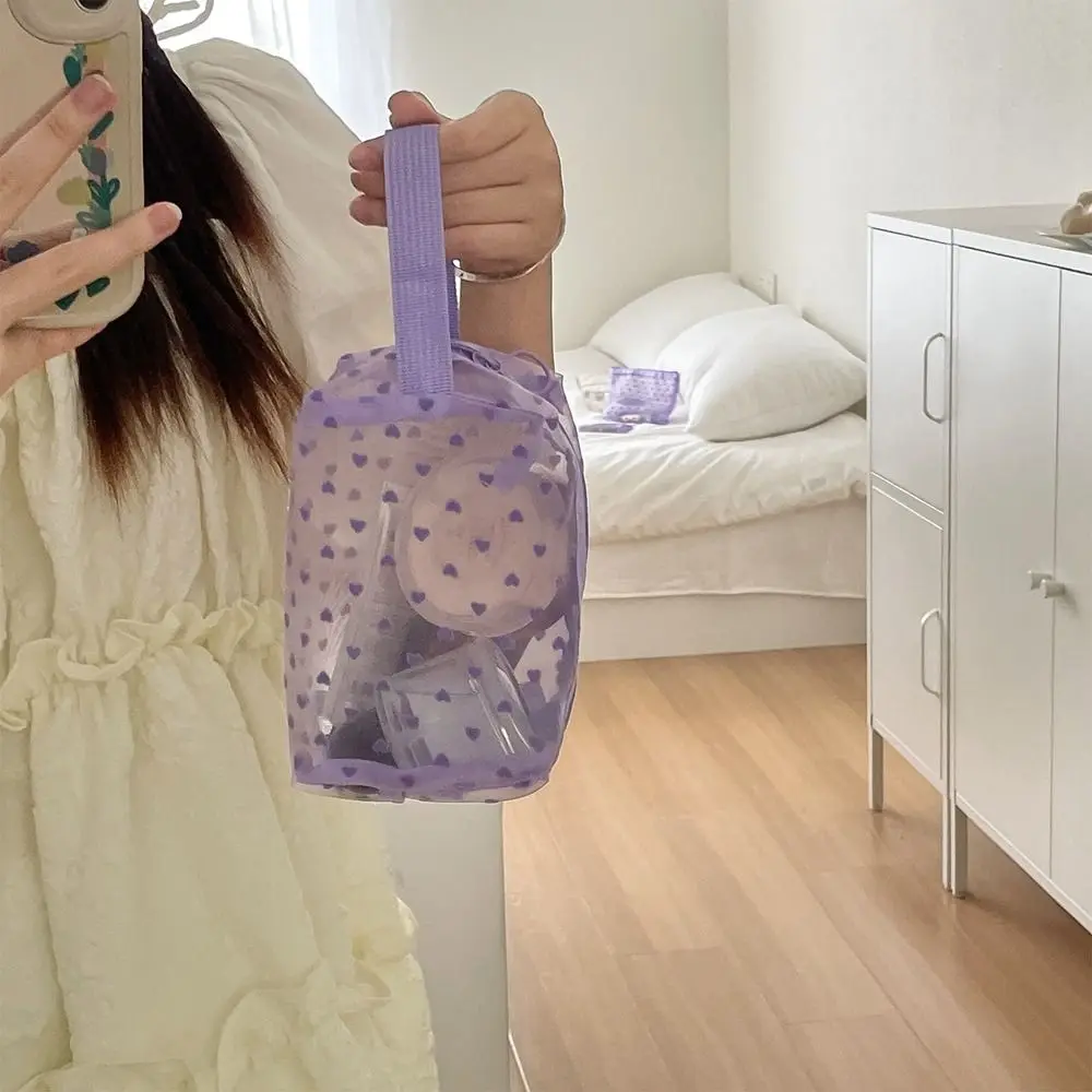 

Heart Cosmetic Bag Casual Wave Point Love Travel Organizer Large Capacity Mesh Storage Bag Girls