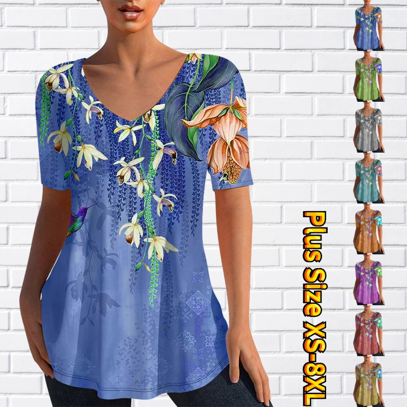 

2023 Summer Fashion Street V-neck Short Sleeve T-shirt Long T-shirt Ladies 3D Print T-shirt Pullover Women's Sexy Clothing