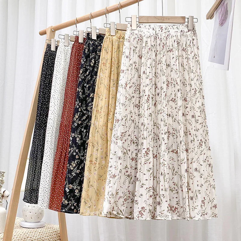 

TFETTERS Chiffon Pleated Skirt Women Summer 2022 New Korean Version Long Joker Fashion Print Floral Skirt for Women Clothes