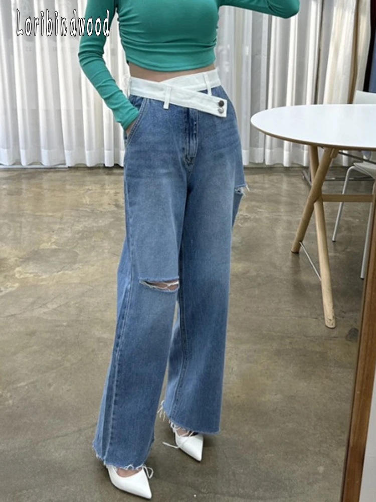 

Джинсы женские 2023 новые продукты Высокая талия диагональная Пряжка свободные модные рваные прямые повседневные брюки мешковатые джинсы для женщин