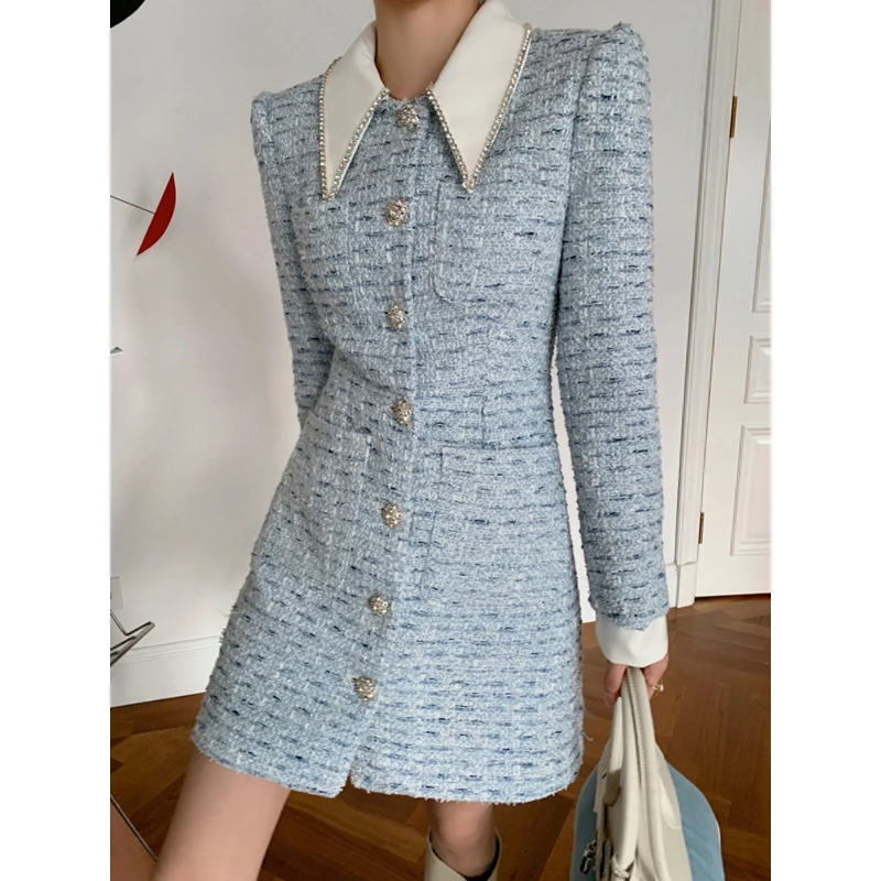 Blue Tweed Long Sleeve French Dress with Collar Women Crystal Shining Patchwork Korea Chic Elegant Casual Office Mini Dress