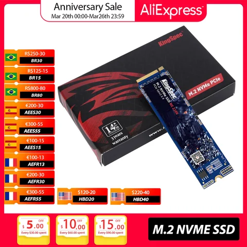 Твердотельный накопитель KingSpec, SSD 1 ТБ M.2 PCIe NVME, внешний накопитель SSD 128 ГБ 512 ГБ 2280 ssd m2, Внутренний твердотельный накопитель для настольного н...