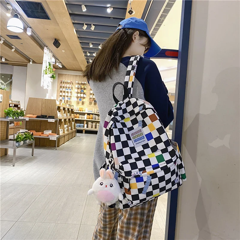 Ins literary style trend lattice backpack large capacity fresh female student schoolbag Computer Backpack