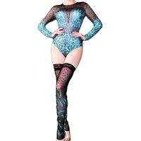 mesh gauze perspective sexy bodysuits stockings sequins rhinestones long sleeve bodysuit ladies dance costume nightclub outfit