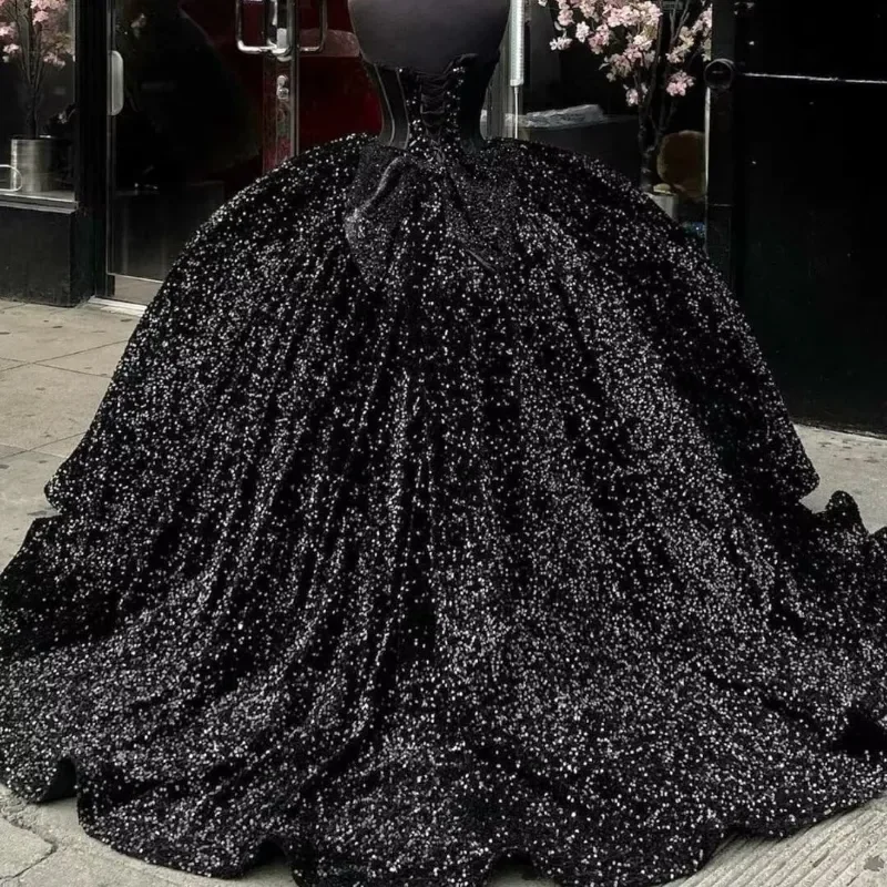 ANGELSBRIDEP черное блестящее платье Quinceanera бальное с блестками и бисером милое