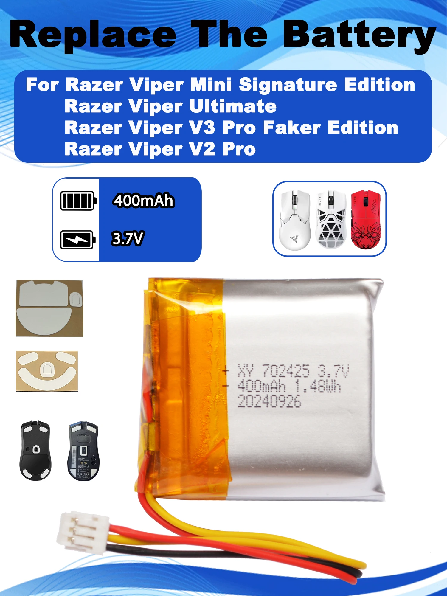 Фото Сменный аккумулятор для мыши 3,7 В, 400 мАч для Razer Viper Ultimate V2Pro V3Pro Mini Signature Edition, беспроводная мышь, ножки, коньки №1