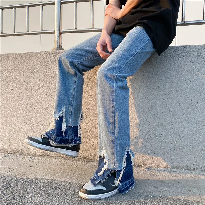 New Fashionable Men's High Street Jeans Side Splits Raw Edge Men's Mopping Flare Pants Trendy Hip Hop Street Men Y2k Jeans Baggy