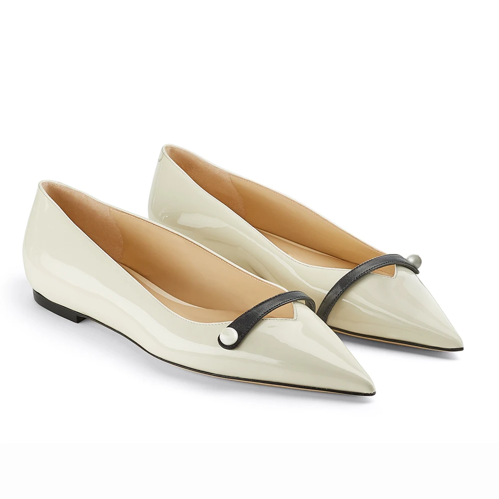 2023 Women's Nude Flat Pumps With Pearl Decor Pointed Toe White Strappy Flats Casual Dress Shoes Ladies Large Size Party Shoe