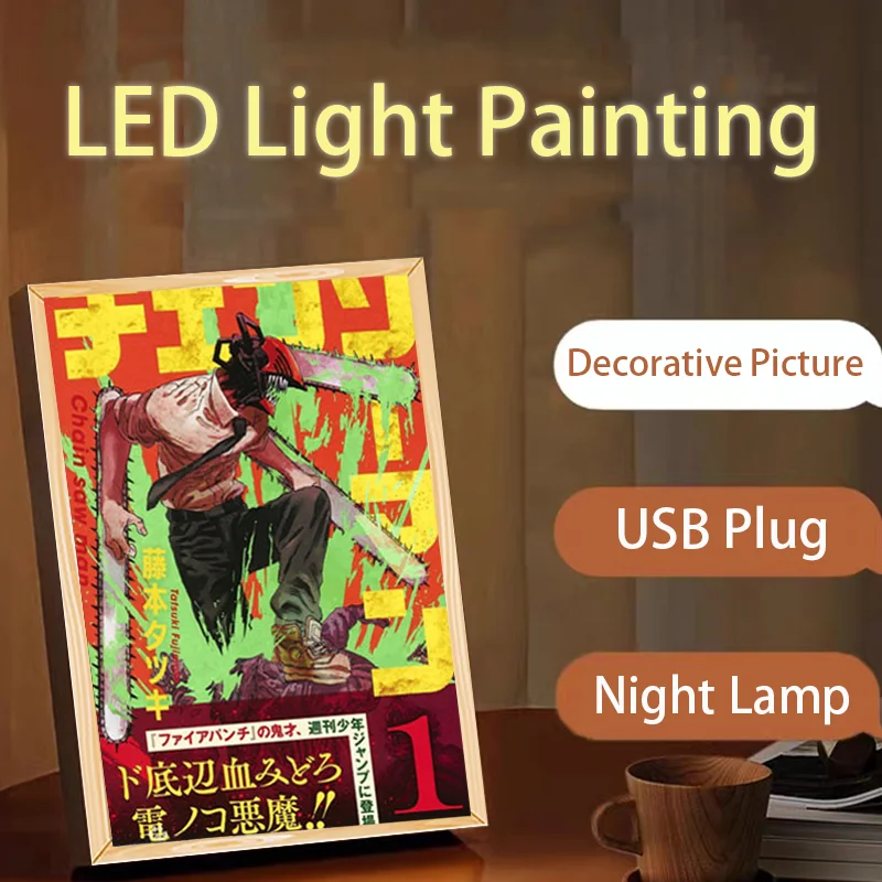 

Chainsaw Man USB Led Light Painting Dimmable Wall Art Denji X Pochita Table Lamp anime figure Wood Frame Luminous Gift