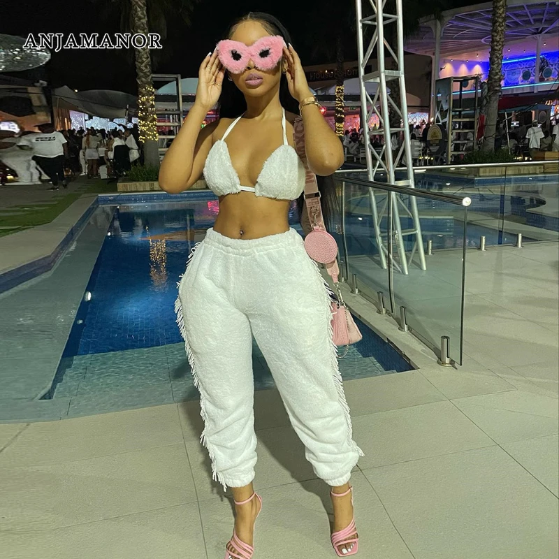 

ANJAMANOR Side Tassel Pants Suit White Fluffy Fleece Sexy Two Piece Set for Women Matching Sets Streetwear Club Outfits D82-DB48