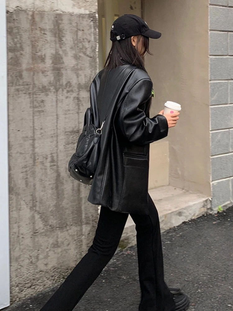 Korean Black Women's Motorcycle Leather Jacket High Street Chic Button Loose Moto Jacket Autumn Streetwear Lady Biker Coat 2022