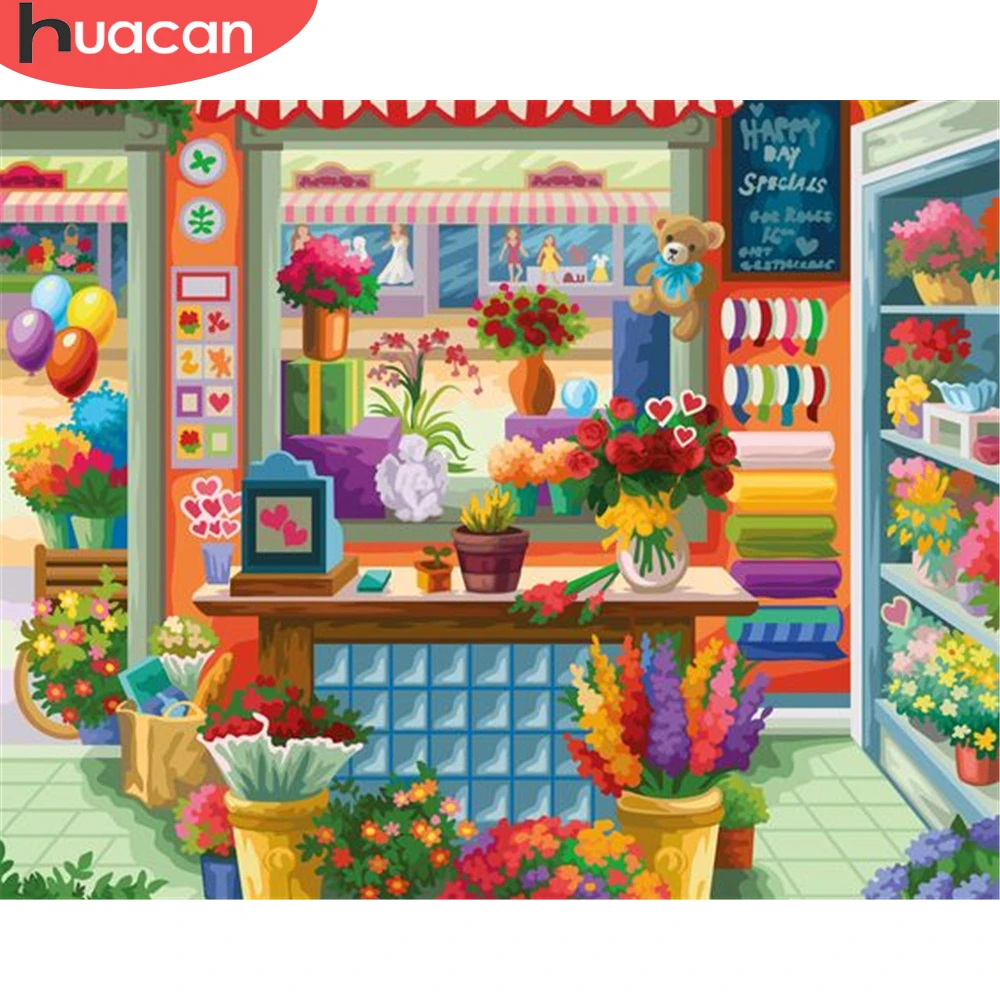 

Картина по номерам HUACAN, цветочный магазин, пейзаж, рамка «сделай сам» для взрослых, ручная роспись, рисование на холсте, искусство, картина, у...