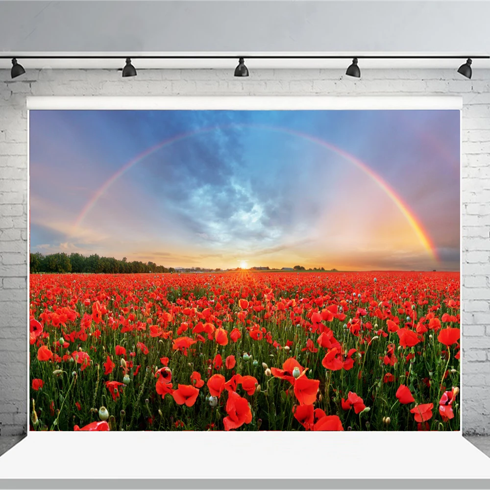 

Полевой цветочный морской фон для фотосъемки весенний закат красные цветы природный пейзаж Фотофон для фотостудии реквизит