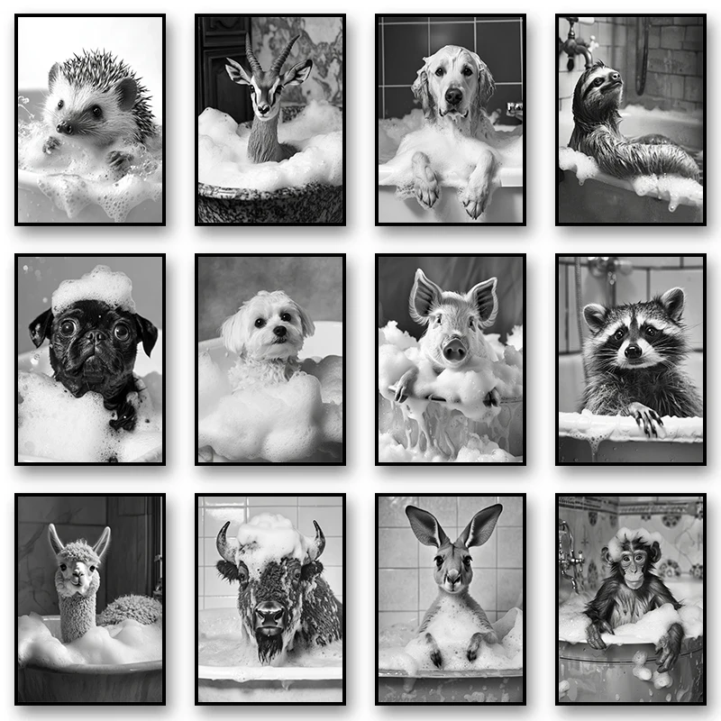 Забавное животное в ванне черно-белая обезьянка лошадь постеры и принты печать