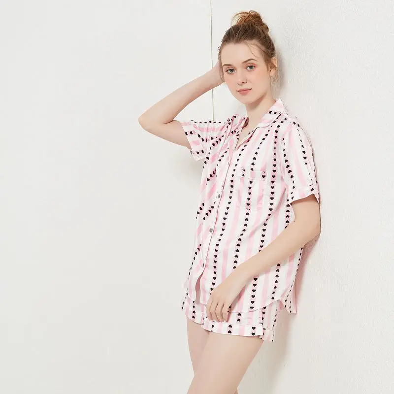 Summer Pink Heart Pajamas Women Short Pajamas Silk Satin Sleepwear Set Sleep Tops Pants Lounge Wear Pjs Loungewear Home Clothes