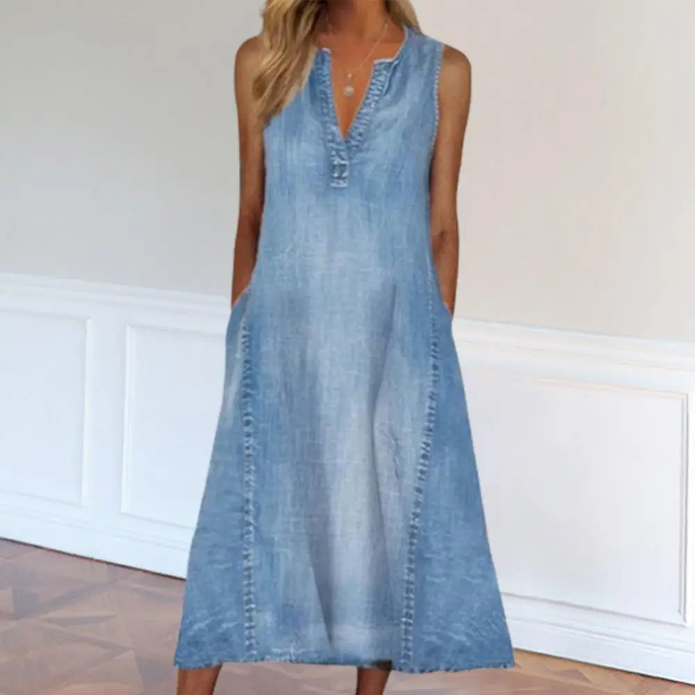 

Charming Midi Dress V-neck Anti-pilling Denim Dress Pure Color Vacation Long Dress