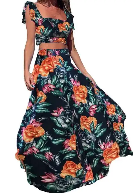 

Women's 2023 Spring/summer New Hot Selling U-Neck Short Sleeve Sexy Casual Fit Printed Long Dress Set