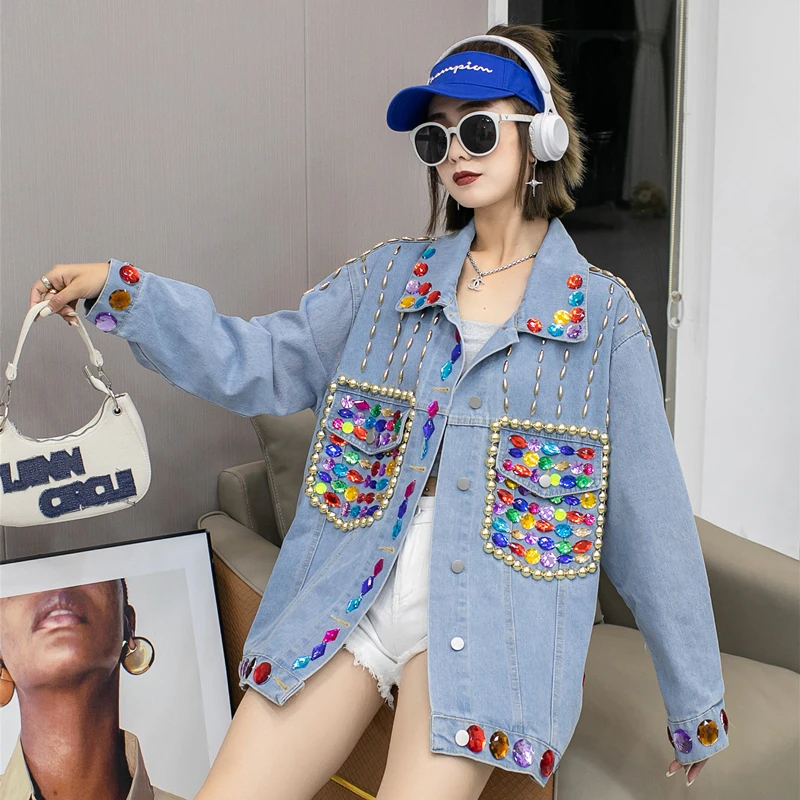 

BF Design Stones Denim Coat Women Plus Size Spring Autumn Jacket Full Sleeve Turn Down Collar Jeans Outfit Chaqueta de mezclilla