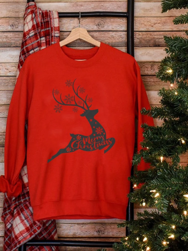 

Print Fashion Holiday Clothing Merry Christmas Graphic Sweatshirts Woman Hoodies Female Deer Lovely Trend Women Pullovers