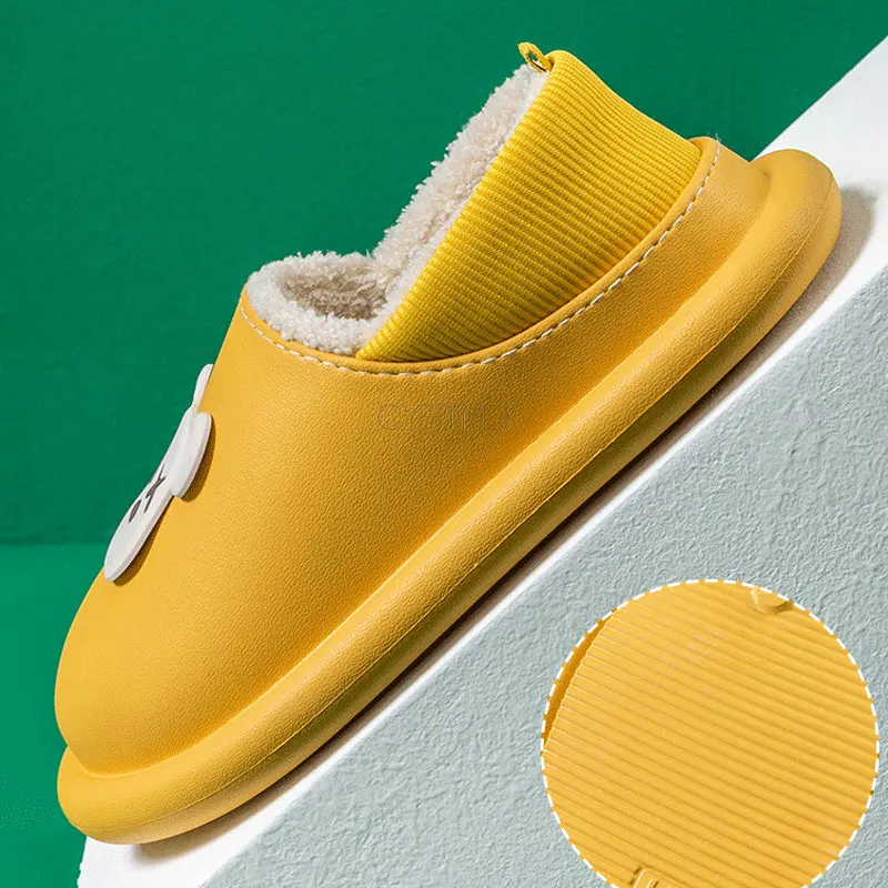 Leather Slippers for Women Cute Bear Water Proof Women Slippers Home Warm Indoor Winter Slippers Female Plush House Shoes Lovely