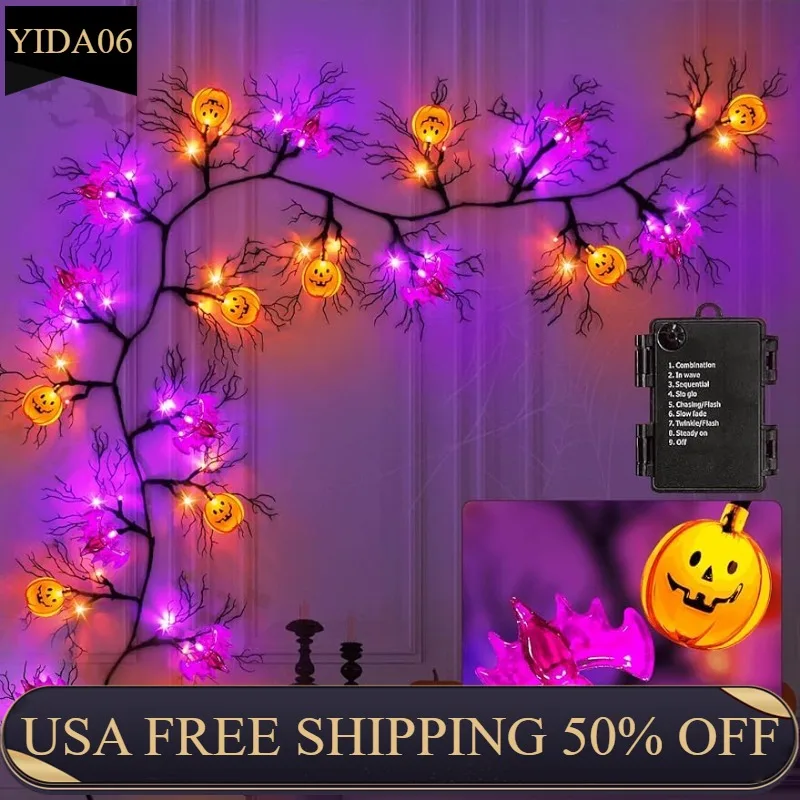 

6 футов, 8 режимов и таймер, гирлянда из лозы на Хэллоуин с 45 светодиодами, оранжевый и фиолетовый свет, 8 летучих мышей и тыквы, Хэллоуин