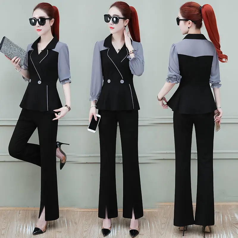 

Women's Spring Autumn Fashion Solid Color Long Sleeve Shirt and Flare Trousers Suit Female Korean Office Ladies 2 Piece Sets H16