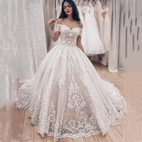 modern boat neck wedding gown 2022 short sleeve beach lace up bridal dress lace appliques ball gown sweep train vestido de noiva