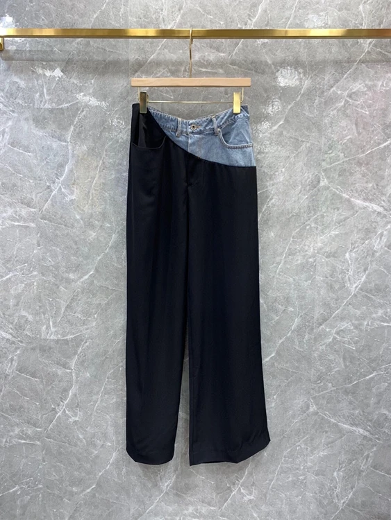 

2022 new women fashion loose casual denim stitching straight wide leg pants trousers fashion casual pants 620