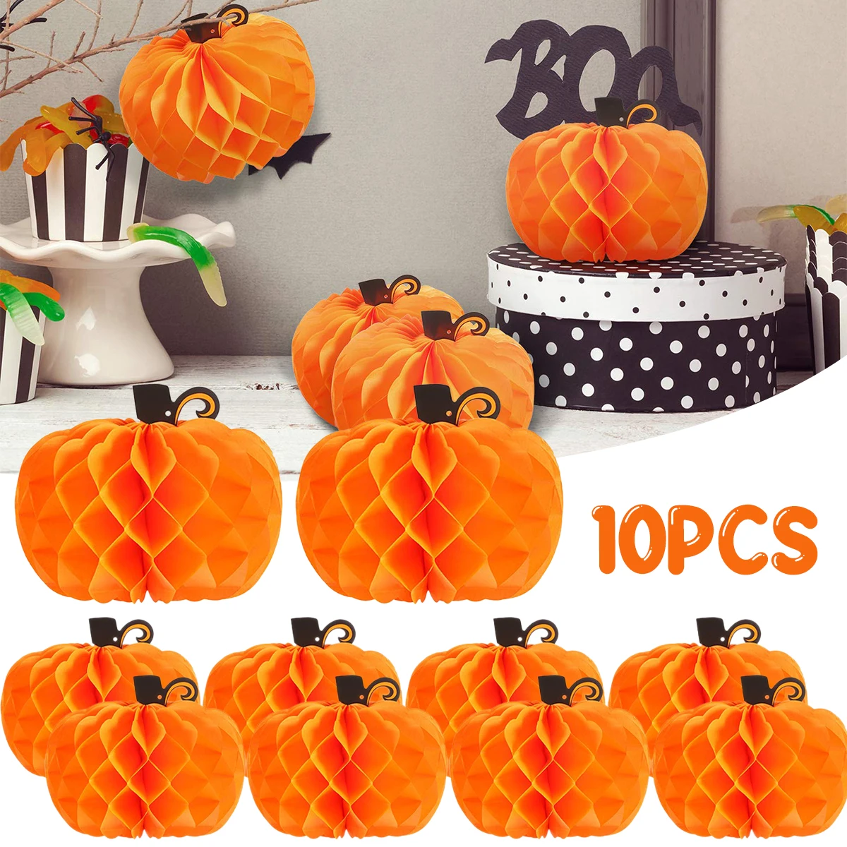 

10Pcs Pumpkin Honeycomb Ball Paper Pumpkin Honeycomb Hanging Paper Pumpkin Decoration Reusable Durable 3D Tissue Pumpkin for