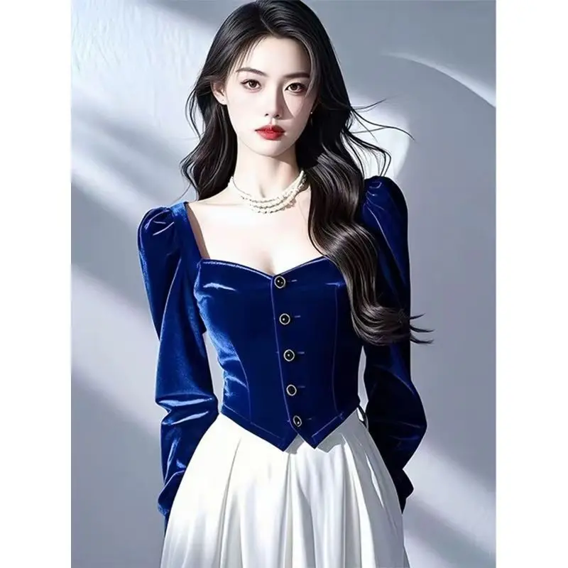 Роскошная французская синяя бархатная рубашка с квадратным воротником