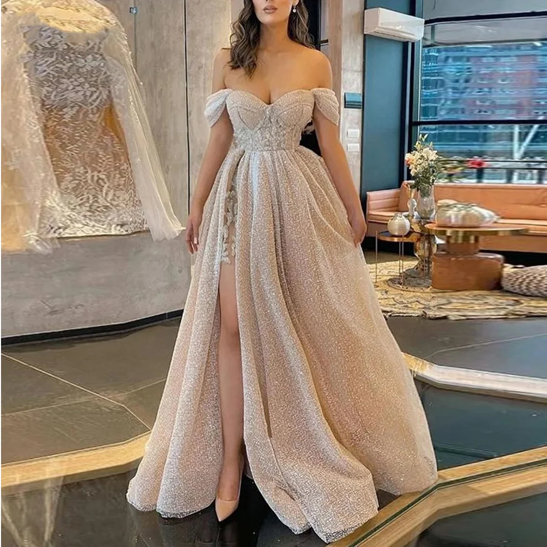 

2022 Champagne Sparkly Prom Dresses Long with Slit Glitter Sequin Off the Shoulder A-Line Sweetheart Formal Evening Gowns