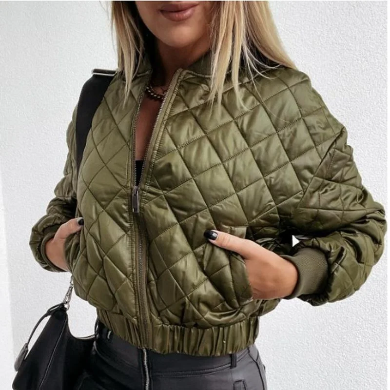 Women's Jacket Winter Thin Parka Coat Army Green Bomber Jacket Retro Fashion Streetwear Pocket Long Sleeve Short Coat Ladies