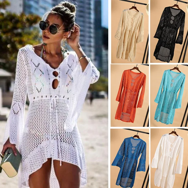 

Crochet Cover Ups Hollow Swimsuit Beach V Neck Dress Women Summer Lady Cover-Ups Bathing Suit Beach Wear Tunic Bikini Coverup